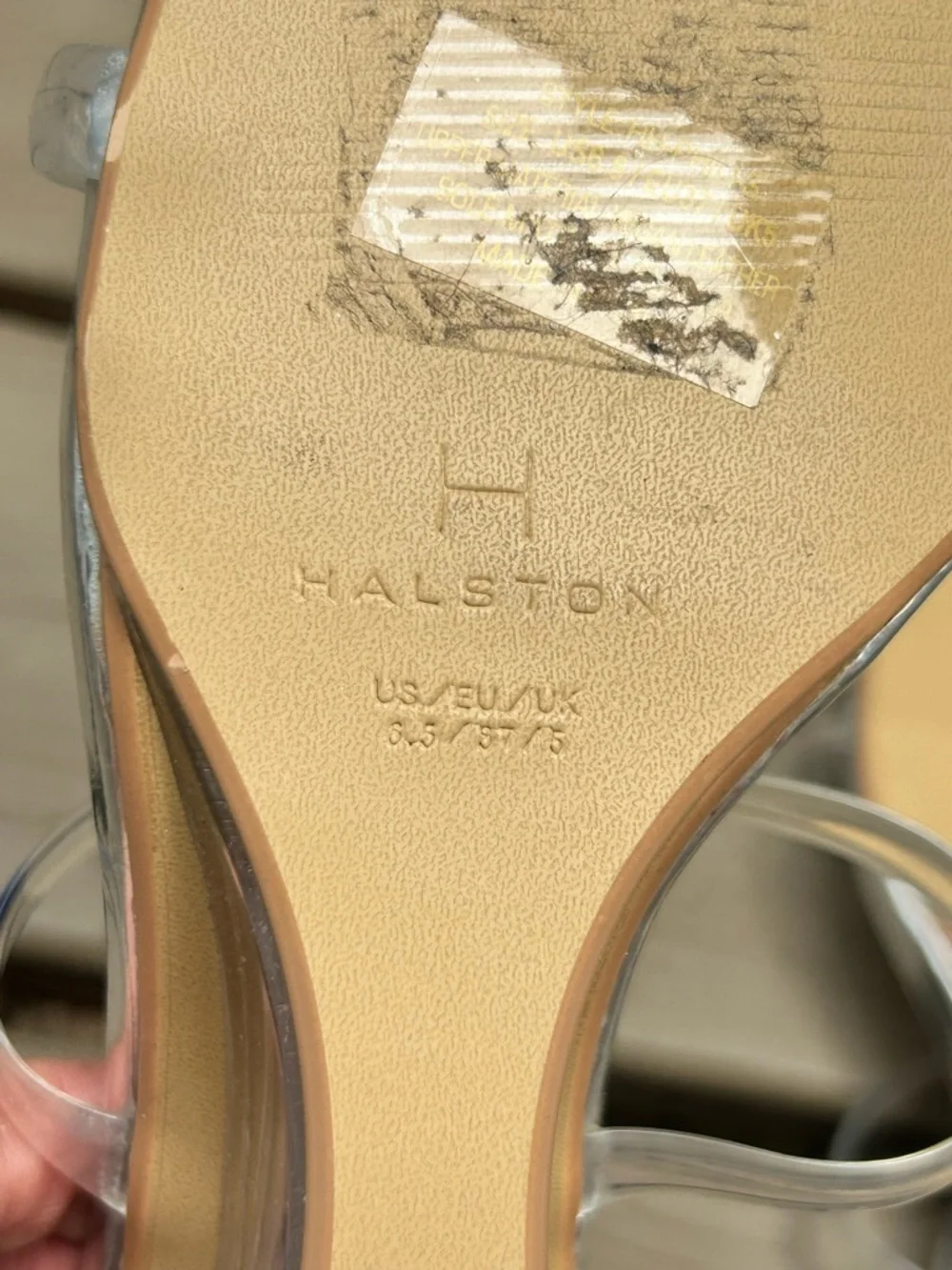 Halston Heritage Silver Clear Strap Block Heel Sandals | Size US 6.5 / EU 37
